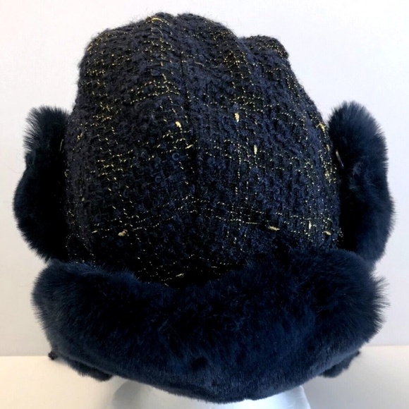 (NWT) INC International Concepts Navy Woven Shine Faux Fur Trapper OSFM - Picture 8 of 10